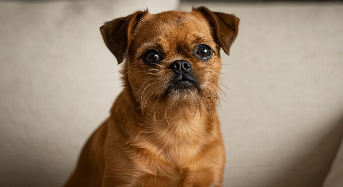 A curious Brussels Griffon sitting on a cozy couch, showcasing its expressive face and wiry coat
