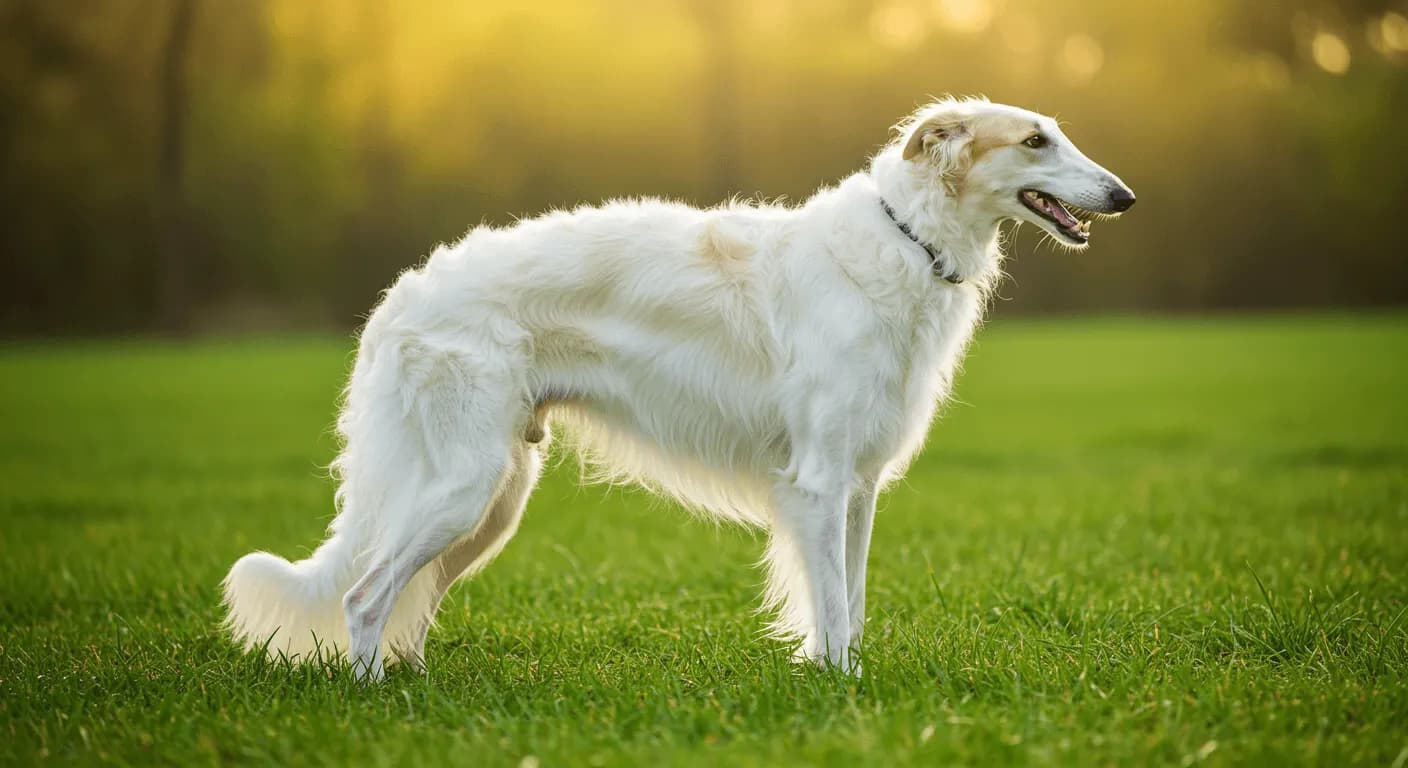 A graceful Borzoi standing in a grassy field, showing off its elegant, slender body and long, silky coat
