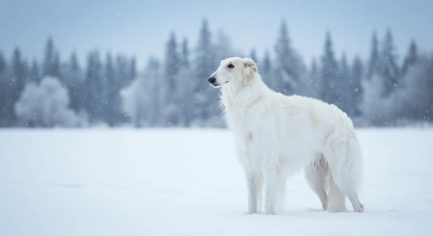 A majestic Borzoi standing in a snowy Russian landscape, showcasing its elegant, long coat and graceful stature