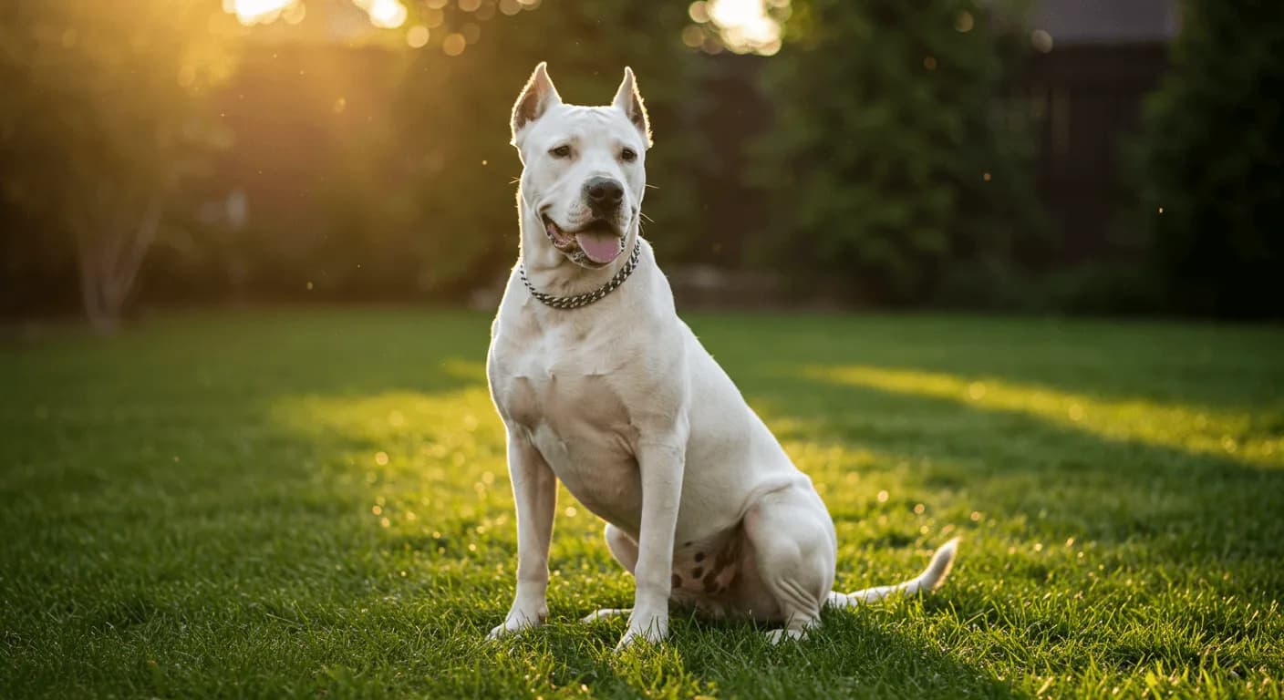 A majestic Dogo Argentino sitting proudly in a sunlit yard, showcasing its muscular build and white coat
