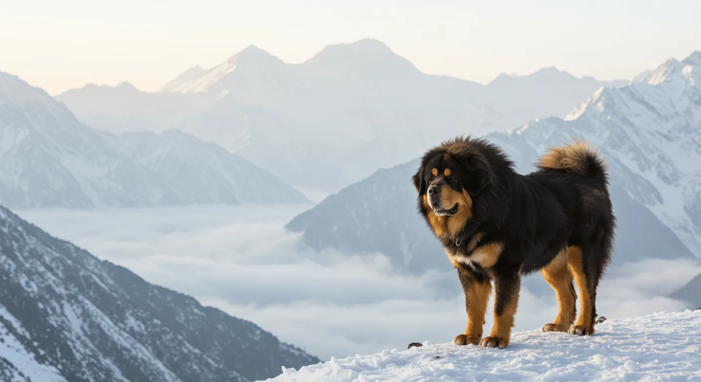A majestic Tibetan Mastiff standing on a snow-covered Himalayan mountain ledge, with a backdrop of misty peaks.