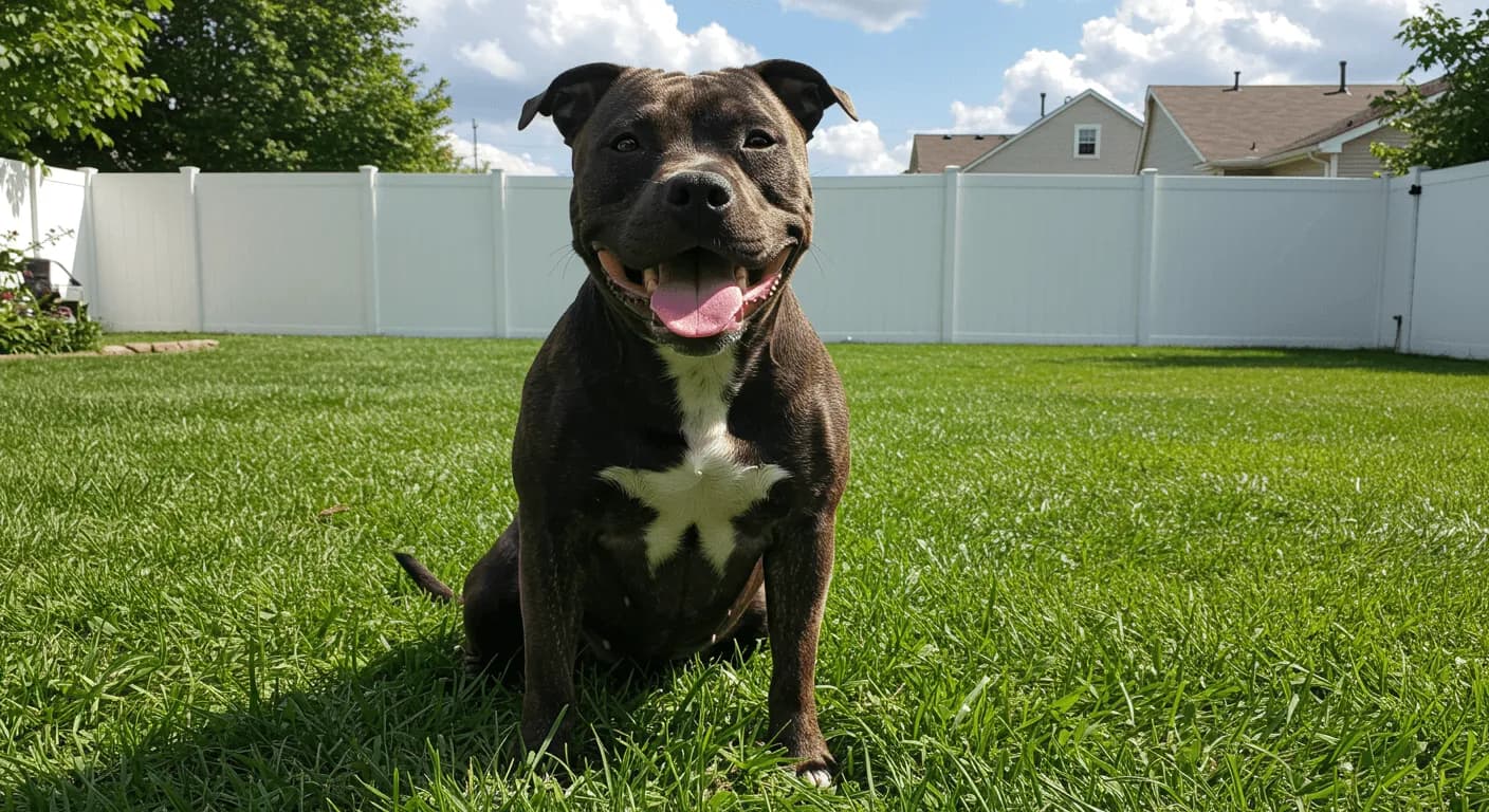 Smiling American Staffordshire Terrier sitting in a grassy backyard